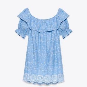 Zara embroidered eyelet cotton dress with jumpsuit liner - size Medium